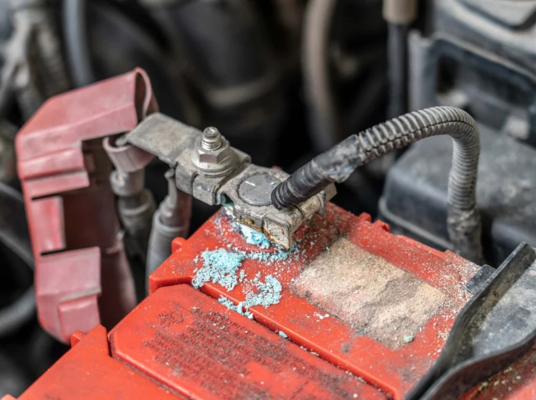 Close-up of a car battery terminal with visible blue corrosion build-up on the metal connector and surface, highlighting the importance of regular Battery Services to maintain optimal performance.