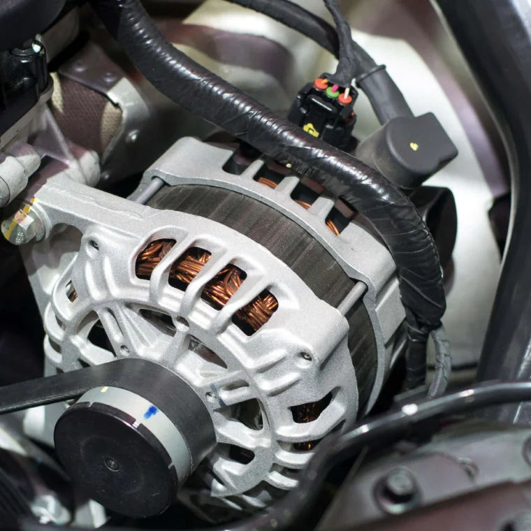 A close-up view of an automotive alternator installed in a vehicle engine bay, showing wiring and a serpentine belt—essential for reliable charging services.
