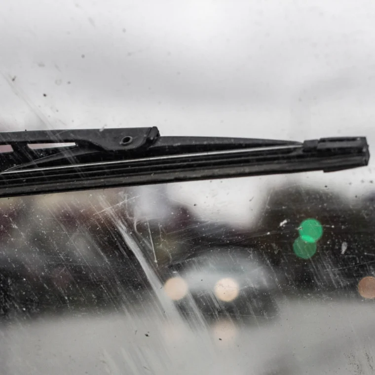 A close up of a windshield wiper on a car's windshield.