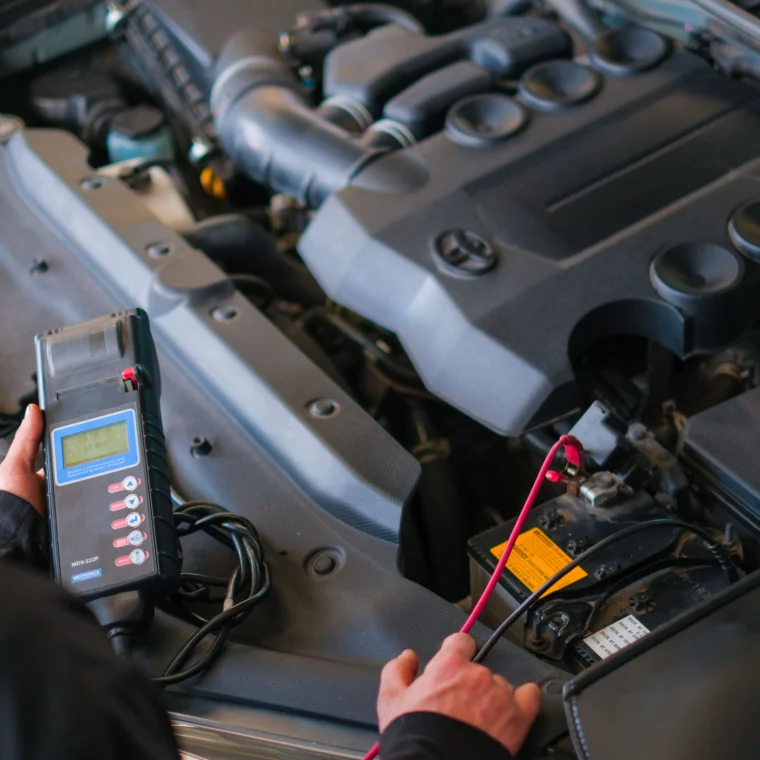 A person uses a diagnostic tool to check the battery of a car with its hood open in a workshop, ensuring reliable Battery Services.
