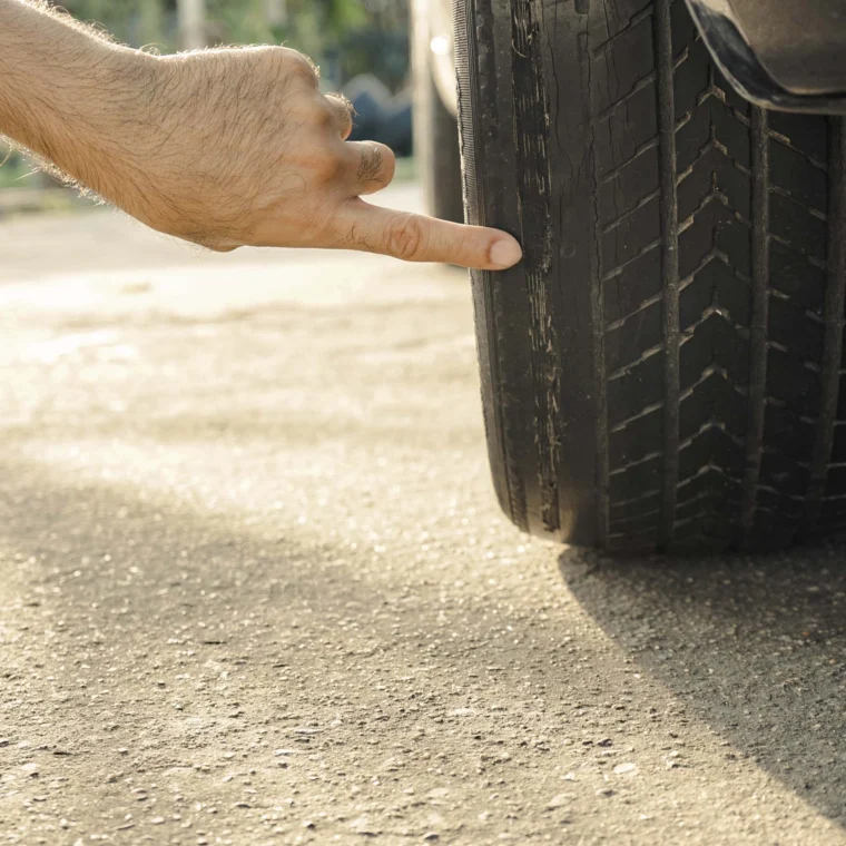 A finger pointing at a worn front car tire with bald tread.