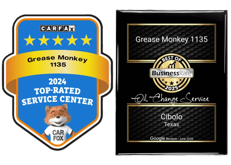 Two awards for Grease Monkey 1135: a 2024 Top-Rated Service Center badge and a 2025 Best of BusinessRate plaque