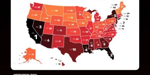 Infographic map highlighting the most expensive U.S. states to own a car, ranked by color, with Alaska and California topping car ownership costs. Key metrics and methodology are listed below the map.