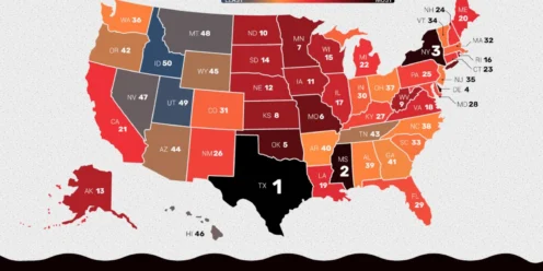 A U.S. map shows each states’ ranking for car damage risk based on natural disasters, road conditions, and driving safety, with darker colors indicating the most damage scores.