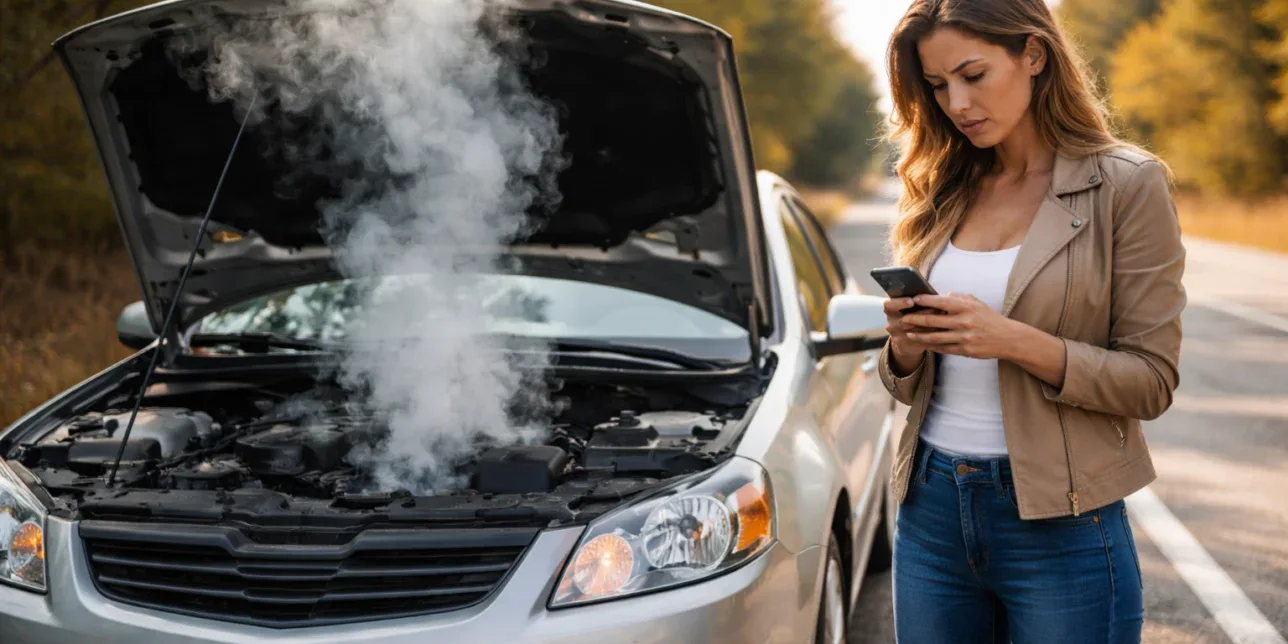 A woman stands beside her car with its hood up and smoke rising from the engine, looking at her phone on the side of a rural Idaho Falls road – reminding us how vital an oil change near me is for engine longevity.
