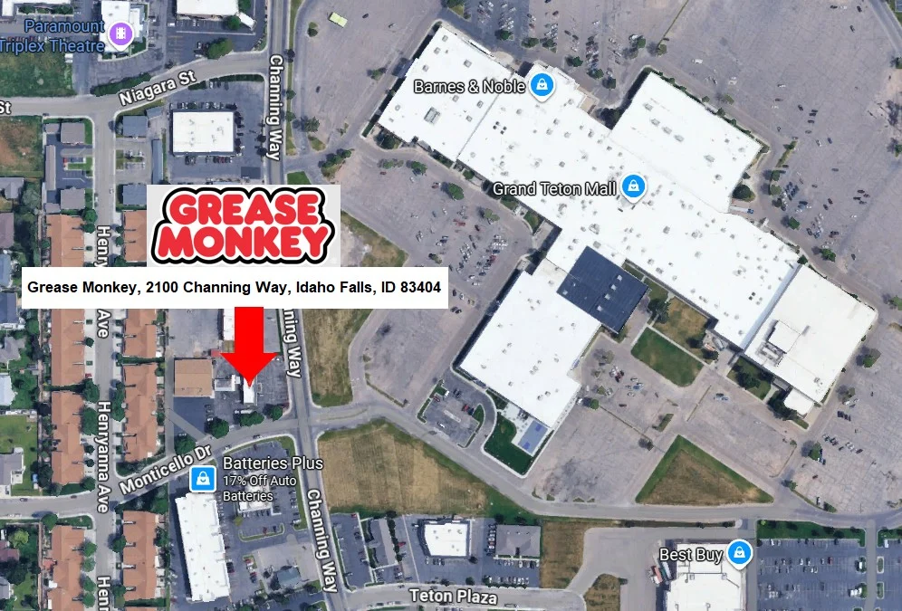 A labeled map showing the location of Grease Monkey at 2100 Channing Way, Idaho Falls, ID 83404, near the Grand Teton Mall and Batteries Plus—your local destination for oil change near me services that support engine longevity.