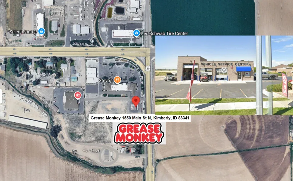 A map showing the location of Grease Monkey at 1550 Main St N, Kimberly, ID, with an exterior photo of the Grease Monkey vehicle service center focused on car oil and vehicle safety.