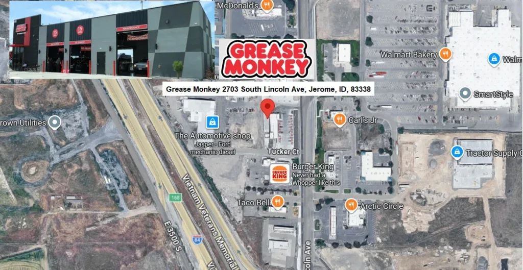 Aerial map view showing the location of Grease Monkey auto shop at 2703 South Lincoln Ave, Jerome Idaho, with nearby businesses and roads labeled—your trusted stop for engine long life.