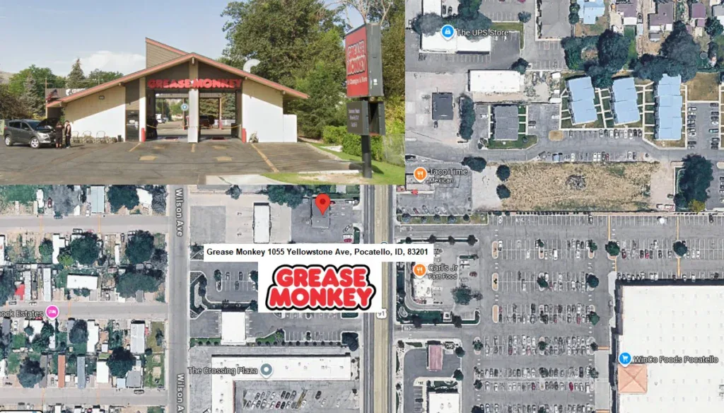 A Grease Monkey auto shop at 1055 Yellowstone Ave, Pocatello, Idaho, is shown with street view and the surrounding area on a satellite map—your local spot for oil changes and vehicle maintenance.