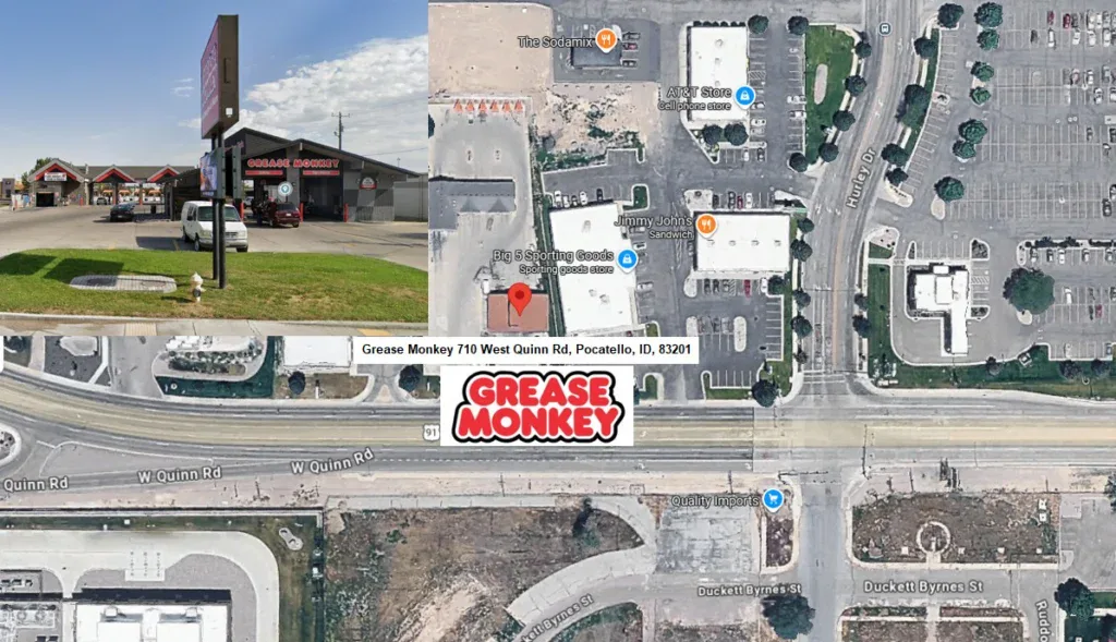 Aerial map view of Grease Monkey at 710 West Quinn Rd, Pocatello Idaho, featuring a street-level inset photo of the building and prominent Grease Monkey logo—your spot for a quick oil change to help save your engine.