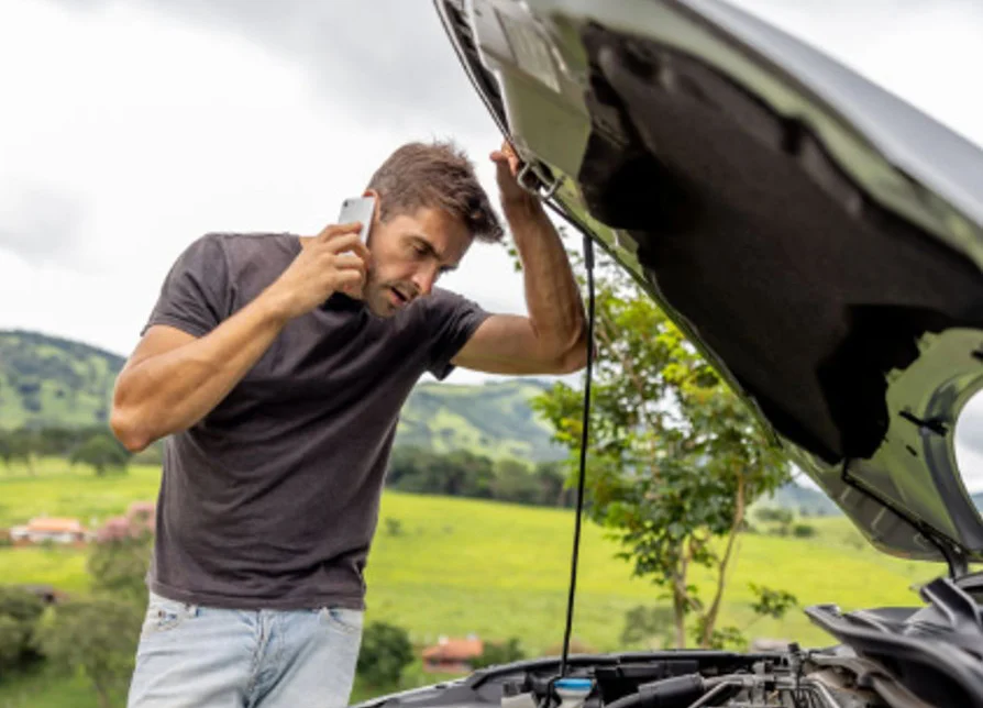 A man stands outdoors looking under the hood of a car while talking on his phone, appearing concerned—he might be searching for a quick oil change in Pocatello.