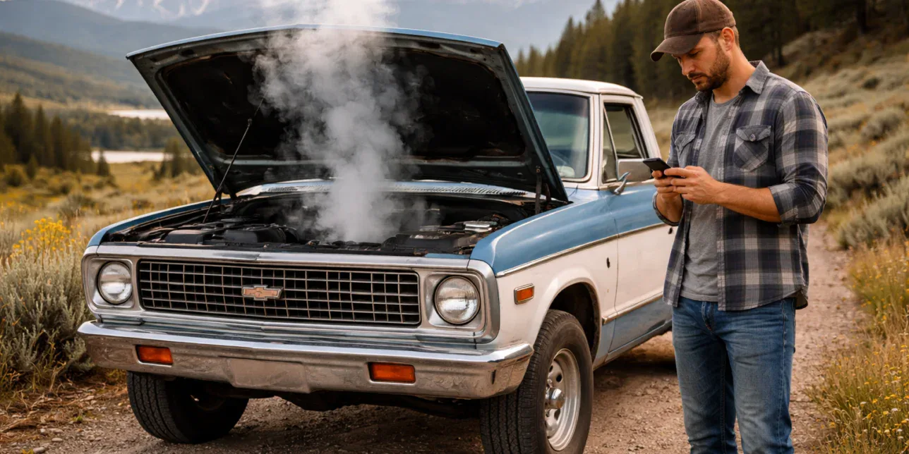 A man stands beside a classic pickup truck with the hood up and engine smoking, using his phone on a rural dirt road near Idaho Falls, mountains in the background—perhaps calling for local oil care.