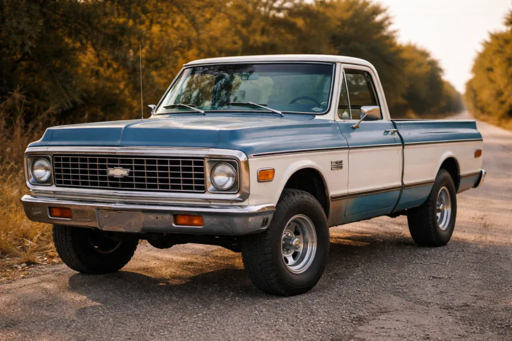 An older blue and white pickup truck in excellent condition on a country road outside of Idaho Falls, Idaho, that needs a HIgh mileage oil change near me Idaho Falls, Idaho.