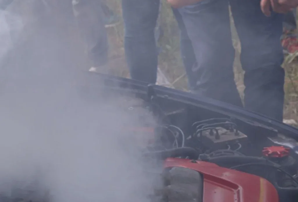 Several people stand near a car with its hood open, as smoke rises from the engine compartment—highlighting the importance of vehicle safety and regular car oil checks for family well-being.