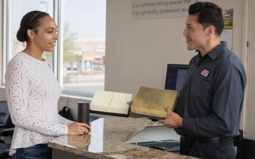 A woman stands at a counter holding a tumbler while a man in a uniform shows her two different air filters at an auto service shop.
