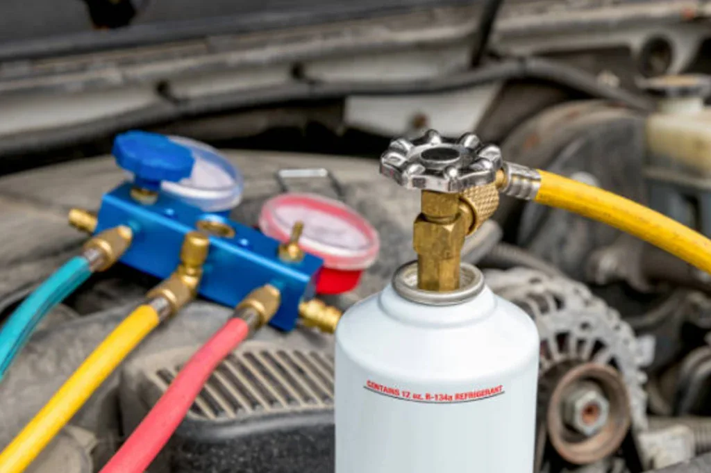 A refrigerant canister with attached hoses and gauges is connected to a Rexburg vehicle AC system for maintenance under the hood, ensuring proper AC care in the 83440 zip code.