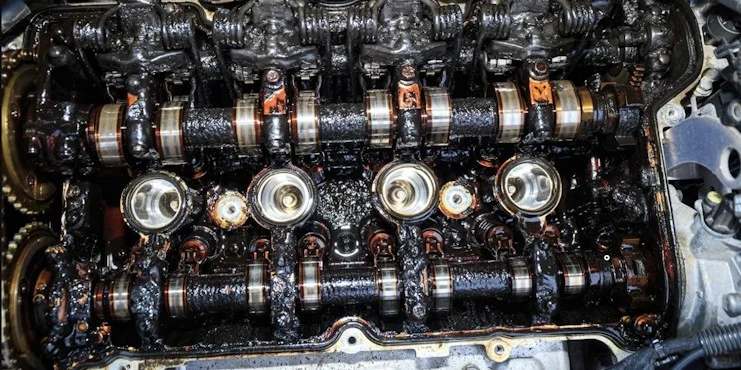 Close-up view of a Colorado Springs engine cylinder head showing heavy black sludge buildup on the camshafts and components—highlighting the importance of a regular oil change.