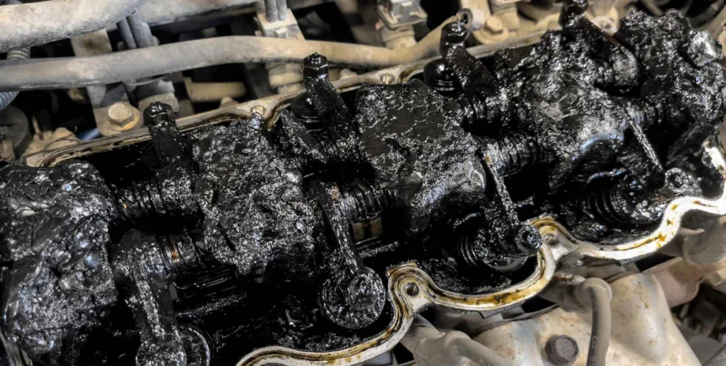 Close-up of a Littleton engine’s valve train covered in thick, black sludge buildup, indicating severe oil contamination or poor maintenance from missing a regular oil change.