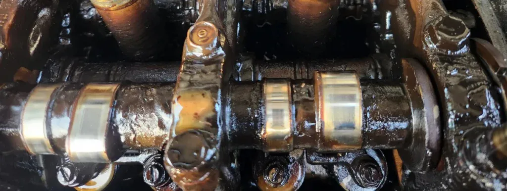 Close-up of a Twin Falls engine camshaft with visible oil deposits and grime buildup, highlighting the importance of following a regular oil change schedule.