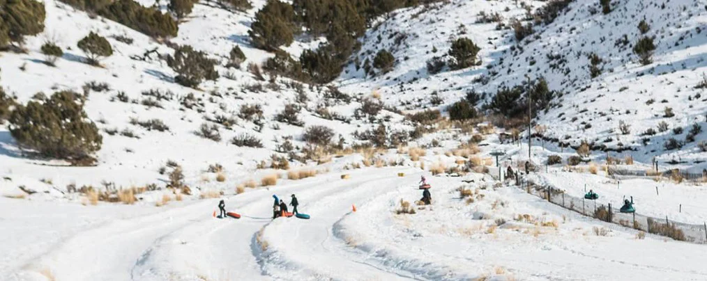 People ride snow tubes down winding, groomed lanes on a snowy hillside with scattered trees and dry grass patches, taking a break from discussing important reasons for regular oil change and Idaho Falls engines maintenance.