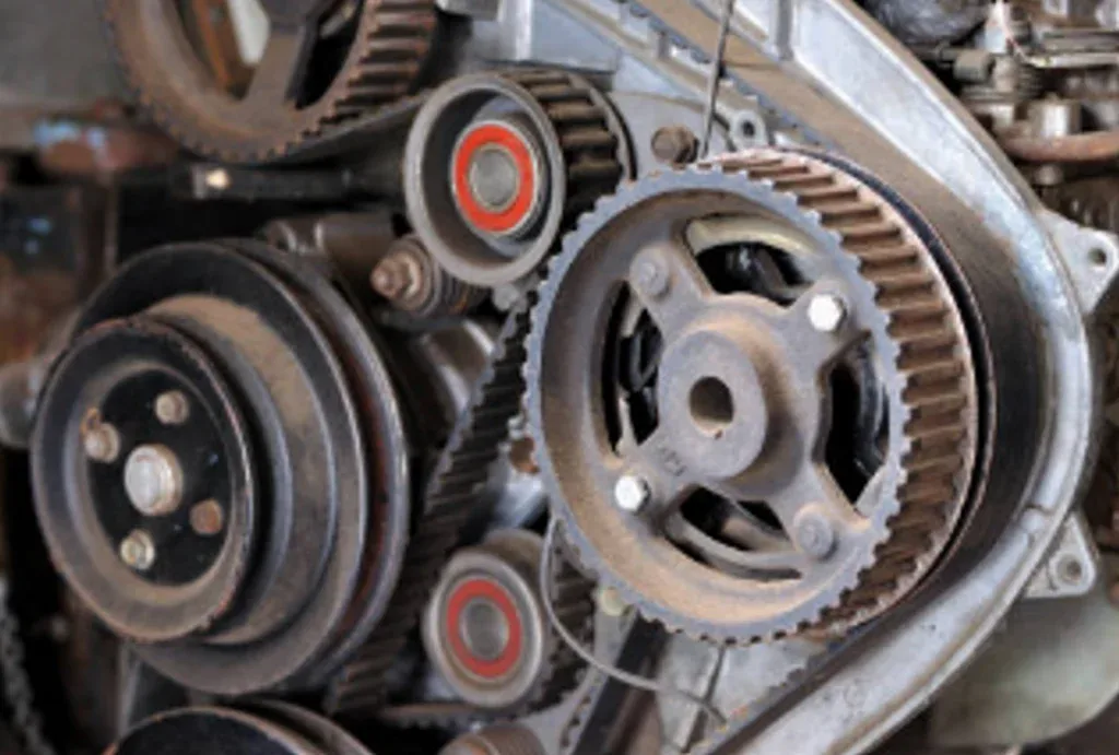 Close-up view of a car engine's timing belt system, showing several gears, pulleys, and belts in a metal assembly—reminding drivers in Rexburg Idaho that regular maintenance is key for optimal performance.