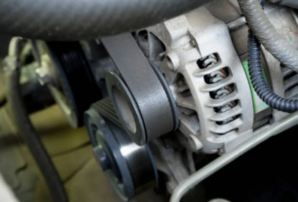 Close-up view of a car engine in Kimberly, Idaho, showing the serpentine belt looped around pulleys and the alternator—essential parts often checked during a Vehicle Air Conditioning Service in Magic Valley.
