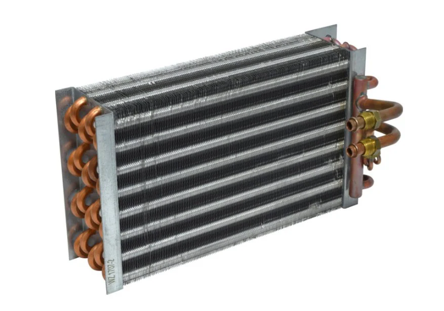 Rectangular metal heat exchanger coil with copper tubes and aluminum fins, commonly used in HVAC systems or vehicle air conditioning—ideal for AC service needs in Jerome, Idaho.