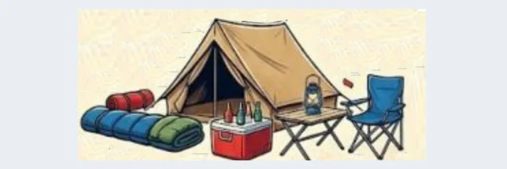 Illustration of a camping setup with a tent, two sleeping bags, a lantern, a cooler with bottles, a folding table, and two camping chairs—perfect for celebrating a Grand Opening at Grease Monkey’s newest outdoor event.