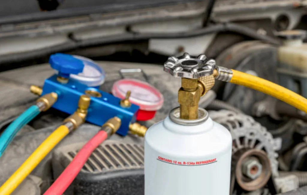 A refrigerant can with yellow, blue, and red hoses is connected to an automotive air conditioning manifold gauge set under a car hood during Elizabeth Colorado vehicle air conditioning maintenance.