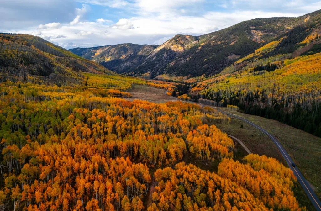 Aerial view of a valley near Woodland Park, Colorado, with dense autumn foliage in orange, yellow, and green hues, surrounded by mountains under a partly cloudy sky—all as refreshing as vehicle air conditioning that's been serviced and inspected.