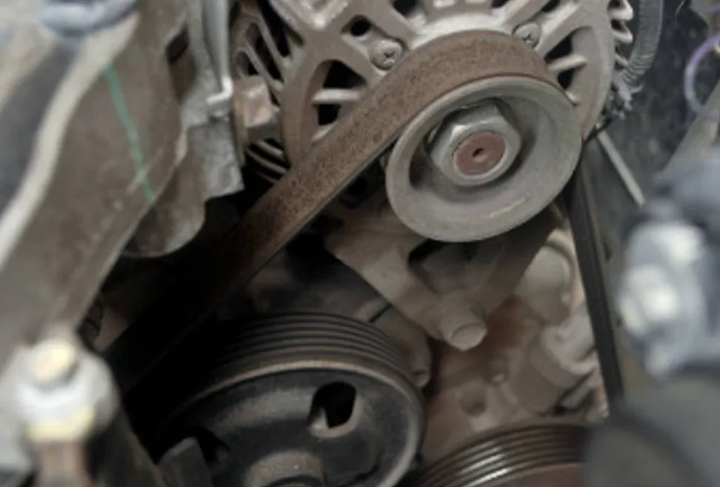 Close-up view of a vehicle engine compartment in Idaho Falls, highlighting a serpentine belt looped around several pulleys—essential for reliable air conditioning service.