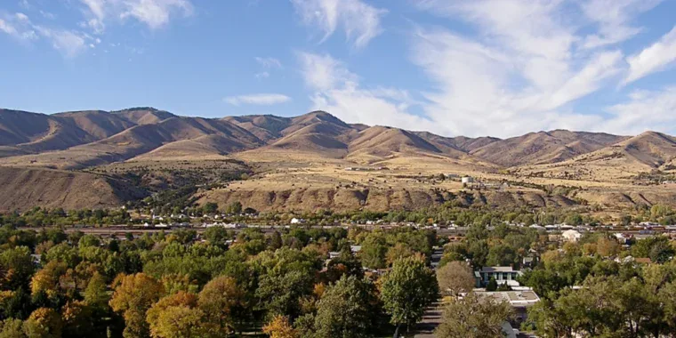 A view of Pocatello, Idaho, with green trees in the foreground and dry, brown hills under a blue sky with wispy clouds in the background—a perfect day to think about vehicle air conditioning and summer car maintenance.