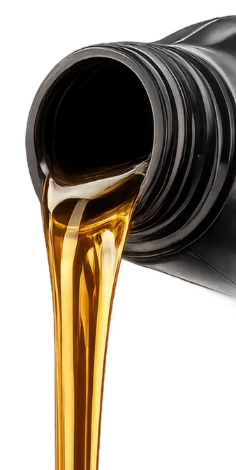 Golden-brown motor oil being poured from a black plastic container against a white background.