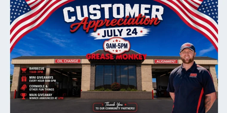 Join us for Customer Appreciation Day at Grease Monkey Idaho Falls on Channing Way! On July 24th, from 9am to 5pm, enjoy a festive barbecue, exciting giveaways, fun games, and a chance to win the main prize. Don’t miss out—visit our friendly employee standing in front of the service center and celebrate with us!.