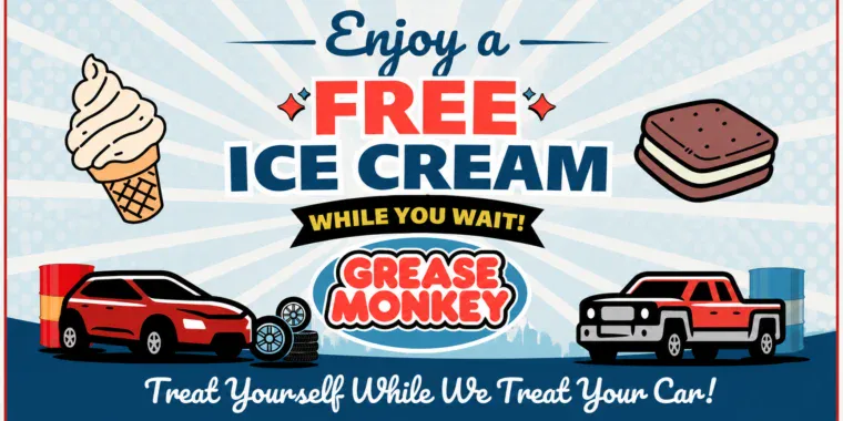 Banner advertising Free Ice Cream at Oilex Grease Monkey in Denver while cars are serviced, featuring images of ice cream, a sedan, and a pickup truck.