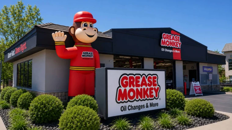 Grease Monkey oil change shop with a large monkey mascot statue outside, surrounded by bushes, under a clear blue sky.