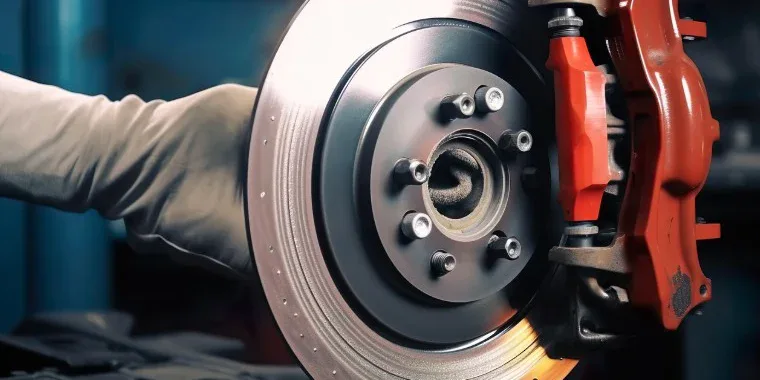 A close-up of a car brake disc and red caliper being inspected or repaired by a person wearing a light-colored glove.