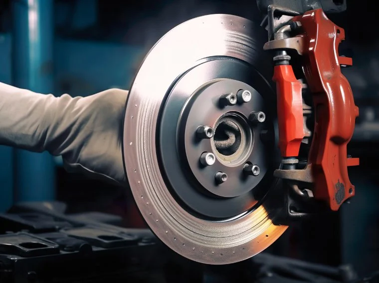 A close-up of a car brake disc and red caliper being inspected or repaired by a person wearing a light-colored glove.
