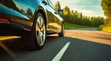 Close-up of a car driving on a paved road through a green, wooded area in bright sunlight near Idaho’s Gate City, Pocatello, with motion blur on the wheels and background.