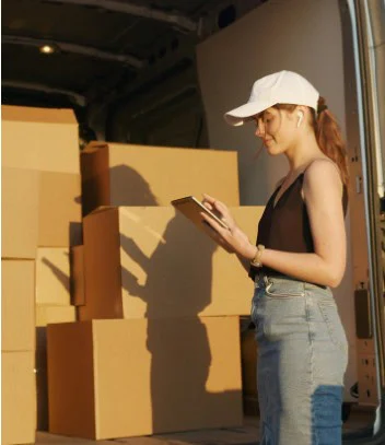 A woman wearing a white cap and earphones uses a tablet while standing beside a van filled with cardboard boxes, ready for delivery throughout Twin Falls and the Magic Valley.