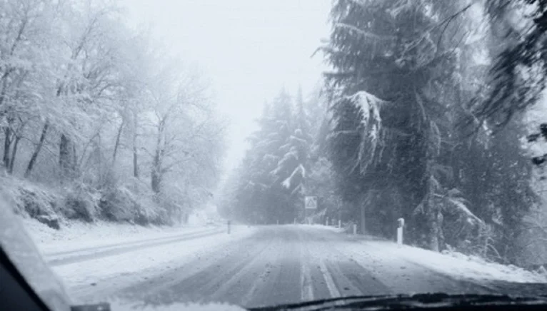 A two-lane road, reminiscent of those traveled by Aurora Colorado drivers along I-225, is seen from inside a vehicle; it is covered with snow and lined with snow-covered trees on both sides under overcast skies—a scene that could easily make anyone wary of a potential transmission emergency.