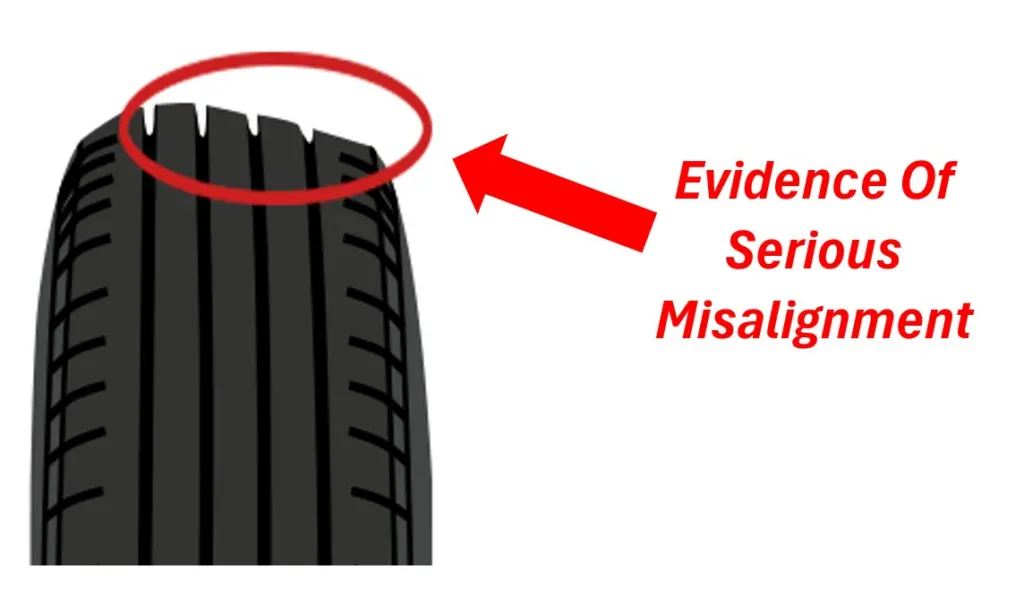 Car tire with uneven tread wear circled and labeled “Evidence of Serious Misalignment” in red text, with an arrow pointing to the worn area—a clear reminder of the importance of regular vehicle maintenance and timely brake system repair for Idaho Falls drivers.