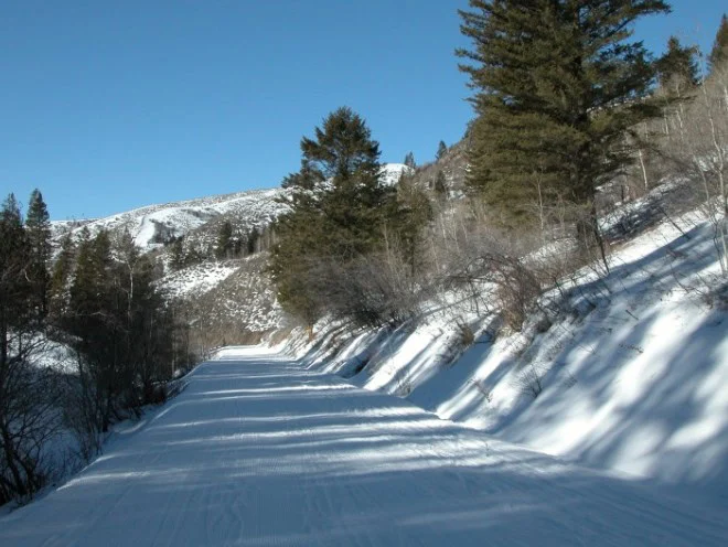 A snow-covered road winds through a forested, hilly landscape near Kelly Canyon under a clear blue sky, not far from North Idaho Falls.