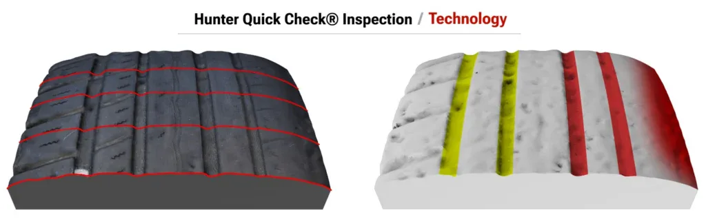 Two tire tread images side by side; the left shows worn tread with red lines, while the right displays a 3D scan, highlighting alignment issues with red, yellow, and white zones that indicate tread depth—perfect for a Quick Check in Idaho Falls.