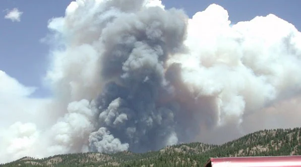 Thick smoke billows into the sky above a forested hillside in Woodland Park, Colorado, indicating an active wildfire in this wildfire country under a partly cloudy sky.