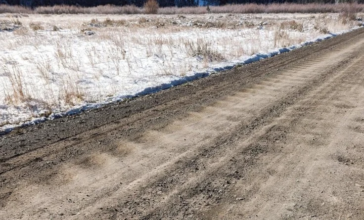 A dirt road with washboard ridges, which can impact vehicle performance, runs alongside a snowy, brush-covered field.