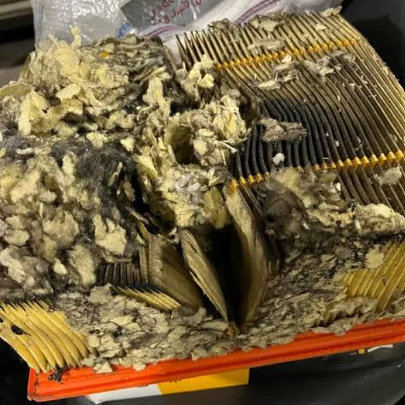 A heavily damaged, debris-filled automotive air filter in need of engine air filter replacement.